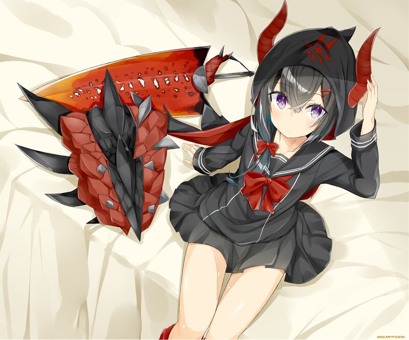 Anime Girl with Horns — Black, Playful, Digital Art