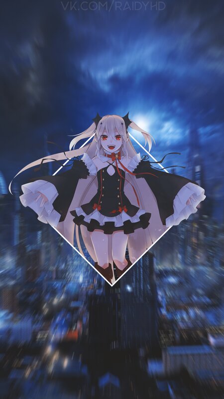 Anime Girl with Horns — Blue, Dramatic, Night, Digital Art, City