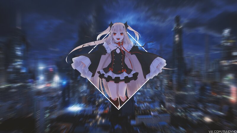 Anime Girl with Horns — Blue, Dramatic, Night, Digital Art, Cityscape
