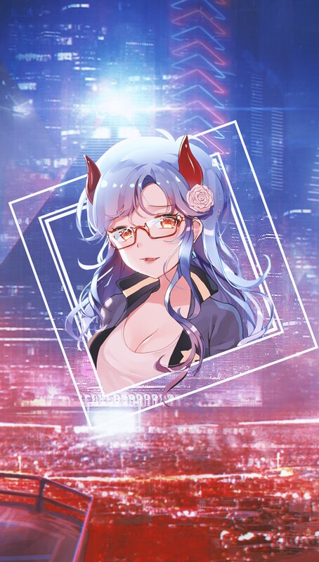Anime Girl with Horns — Blue, Dramatic, Night, Digital Art