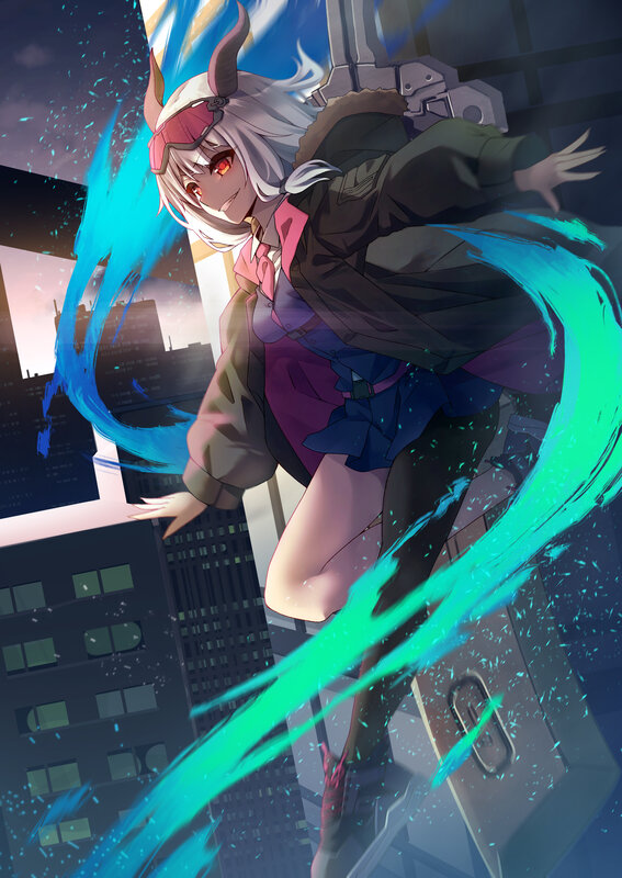 Anime Girl with Horns — Blue, Dramatic, Sunset, Digital Art, Cityscape, Energy Effect