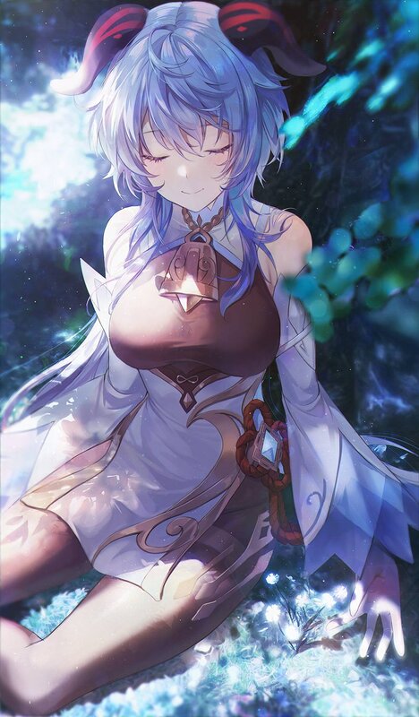 Anime Girl with Horns — Blue, Serene, Night, Digital Art, Bell