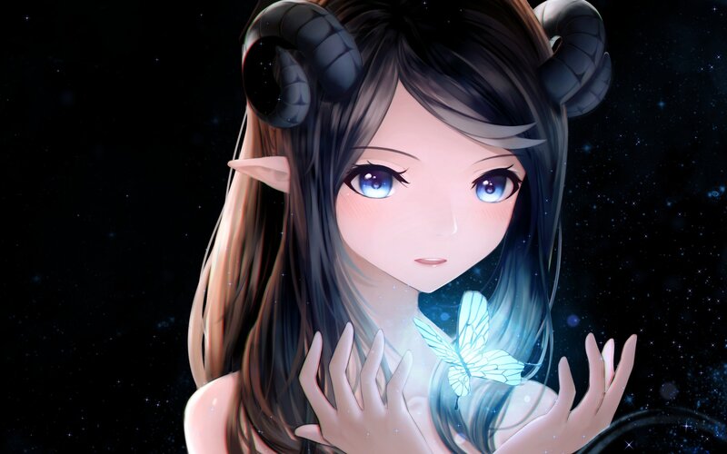 Anime Girl with Horns — Blue, Serene, Night, Digital Art, Elf Ears