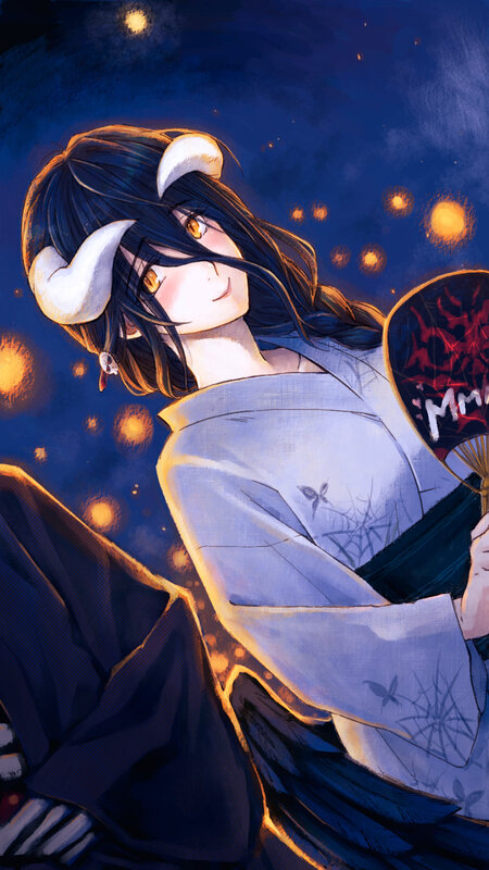 Anime Girl with Horns — Blue, Serene, Night, Digital Art, Kimono