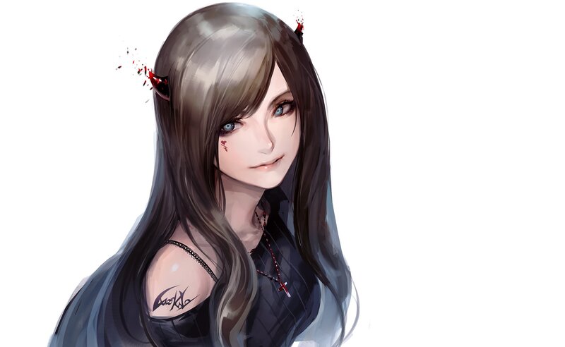 Anime Girl with Horns — Gray, Dramatic, Digital Art