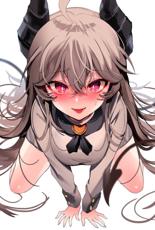 Anime Girl with Horns — Gray, Playful, Digital Art