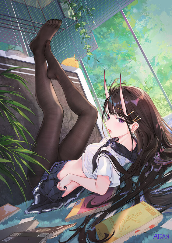 Anime Girl with Horns — Green, Calm, Afternoon