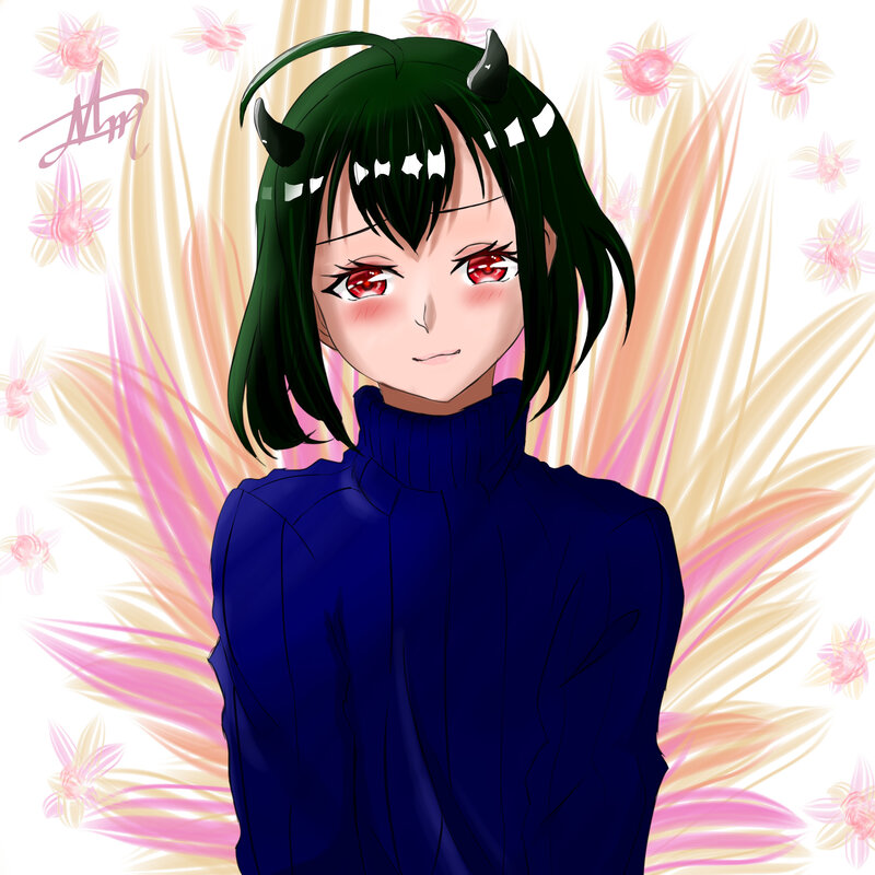 Anime Girl with Horns — Green, Calm, Digital Art
