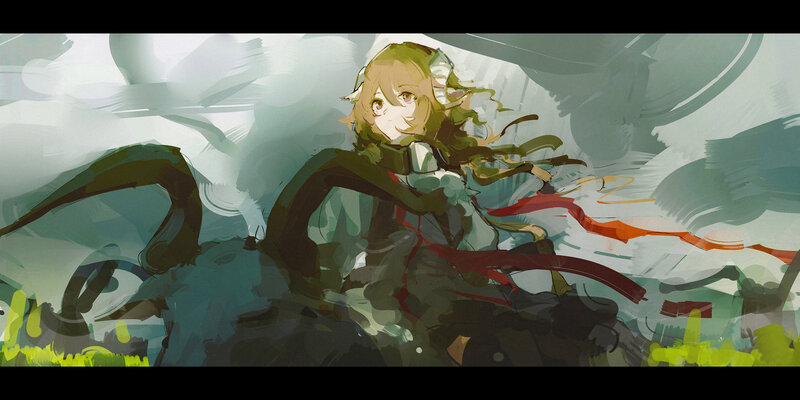 Anime Girl with Horns — Green, Dramatic, Digital Art, Red Ribbons