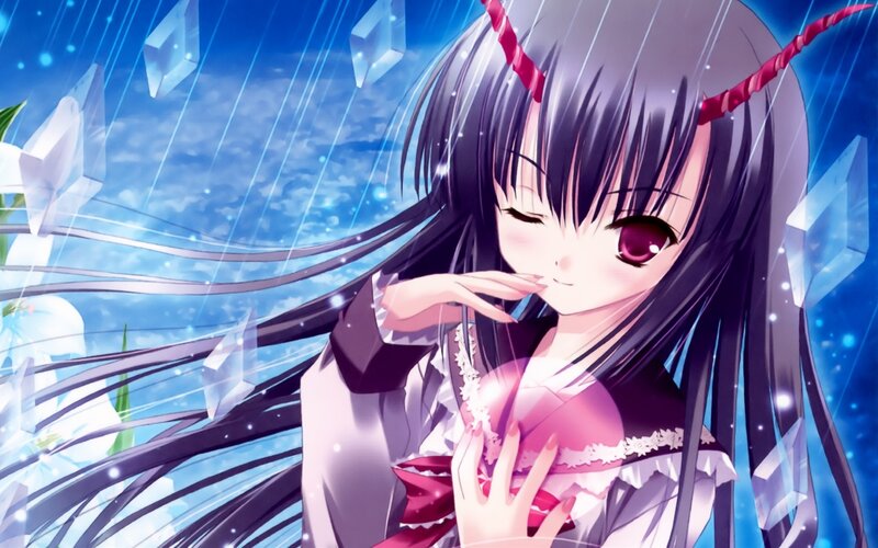 anime girl with horns in rain