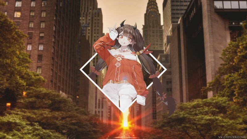 Anime Girl with Horns — Orange, Dramatic, Sunset, Cityscape