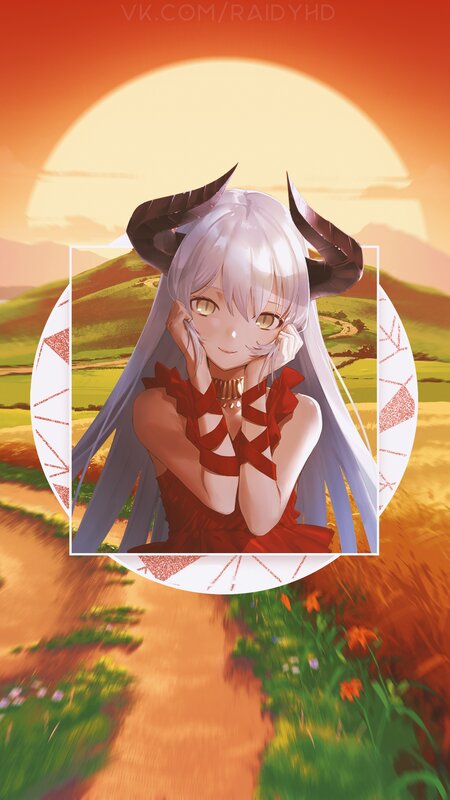 Anime Girl with Horns — Orange, Serene, Sunset, Digital Art