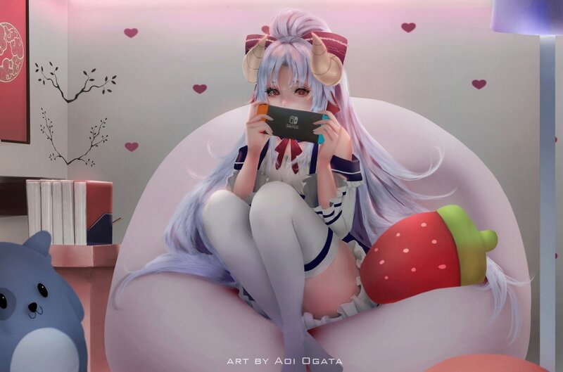 Anime Girl with Horns — Pink, Calm, Digital Art, Gaming Console
