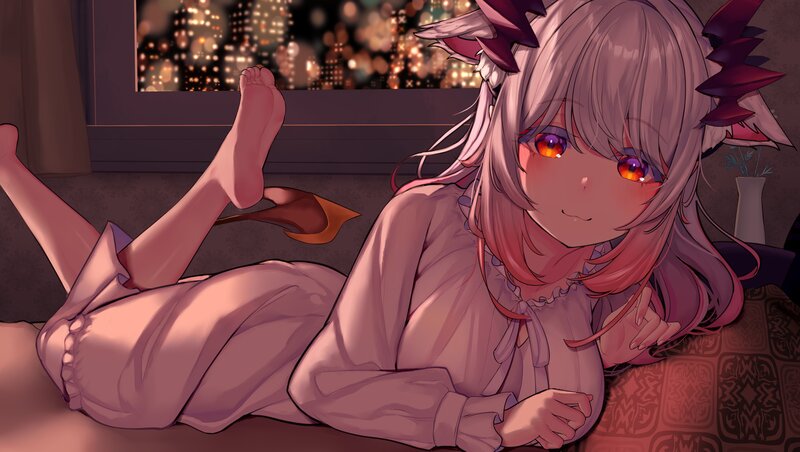 Anime Girl with Horns — Pink, Calm, Night, Digital Art
