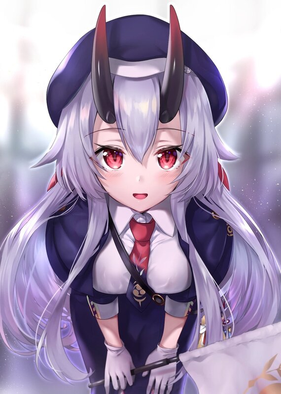 Anime Girl with Horns — Purple, Calm, Digital Art, Uniform