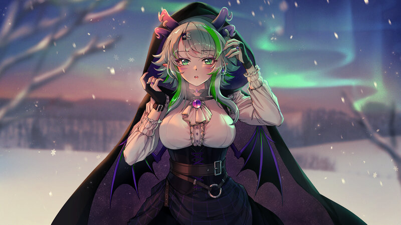 Anime Girl with Horns — Purple, Dramatic, Night, Digital Art, Aurora Borealis