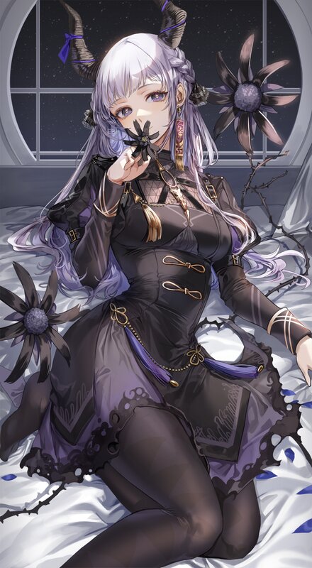 Anime Girl with Horns — Purple, Dramatic, Night, Digital Art, Flowers