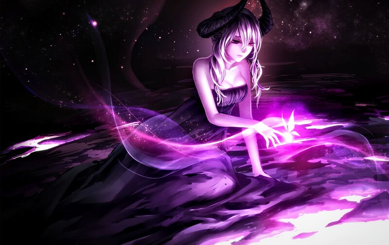 Anime Girl with Horns — Purple, Dramatic, Night, Digital Art, Purple Light