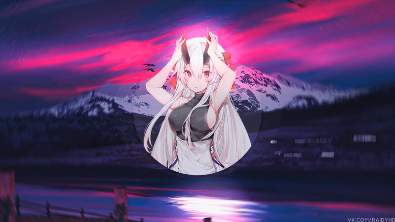 Anime Girl with Horns — Purple, Dramatic, Sunset, Digital Art, Mountains