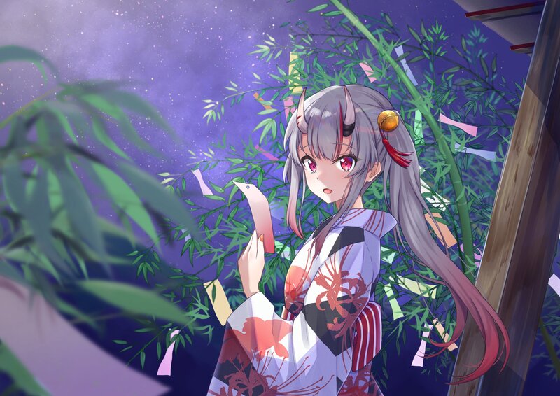 Anime Girl with Horns — Purple, Serene, Night, Digital Art