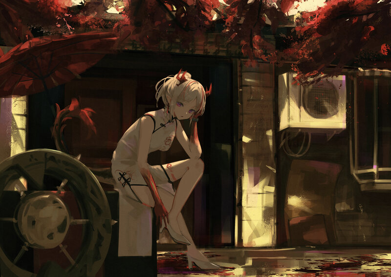 Anime Girl with Horns — Red, Dramatic, Autumn