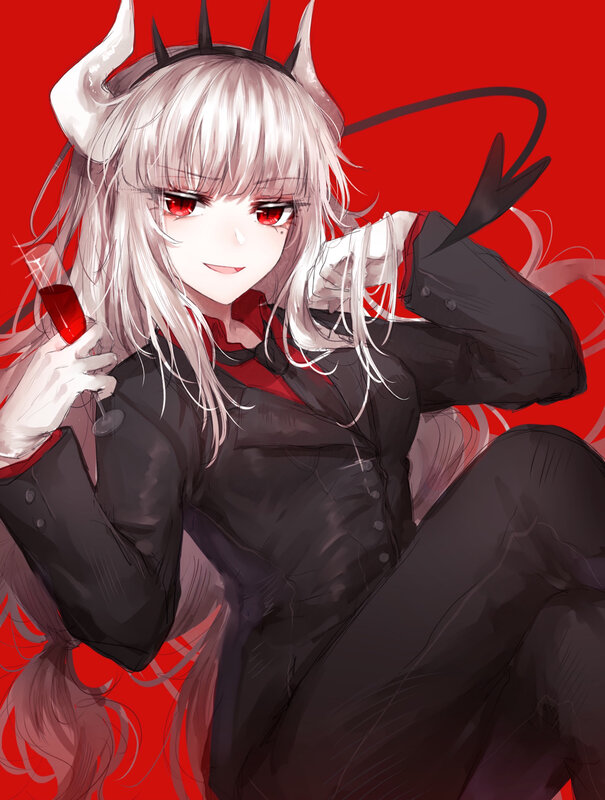 Anime Girl with Horns — Red, Dramatic, Digital Art, Wine Glass