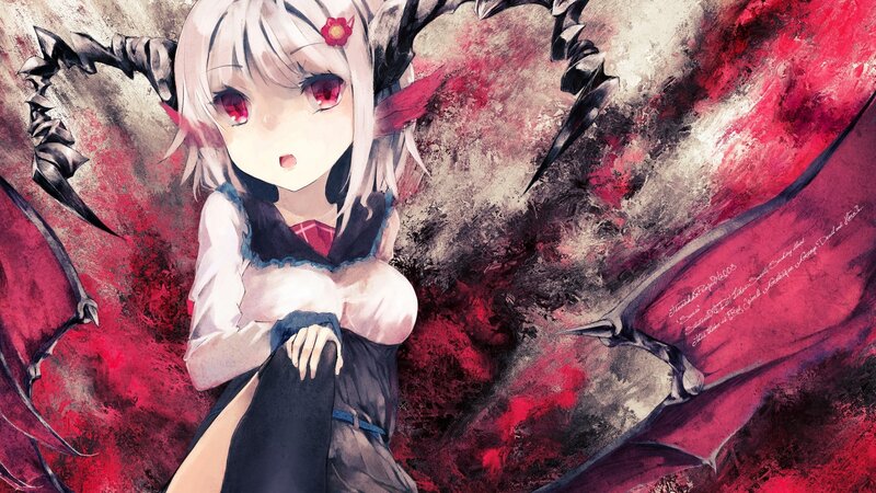 Anime Girl with Horns — Red, Dramatic, Digital Art, Wings, Red Eyes