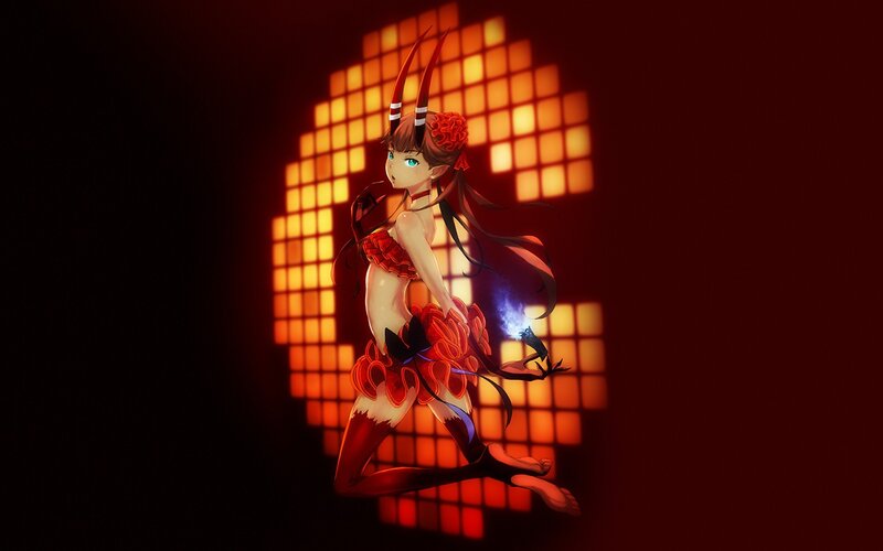 Anime Girl with Horns — Red, Dramatic, Night, Digital Art, Glowing Light