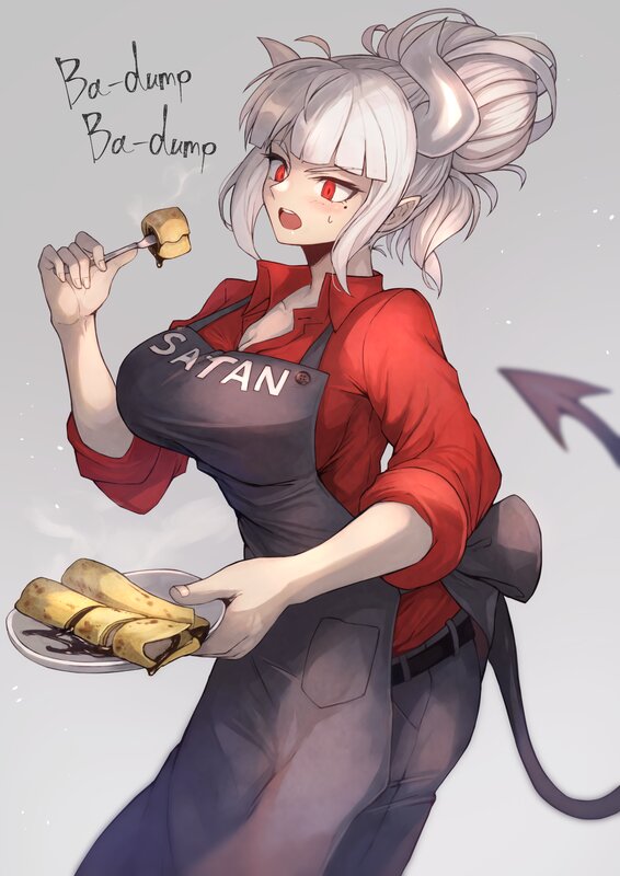 Anime Girl with Horns — Red, Playful, Digital Art, Apron