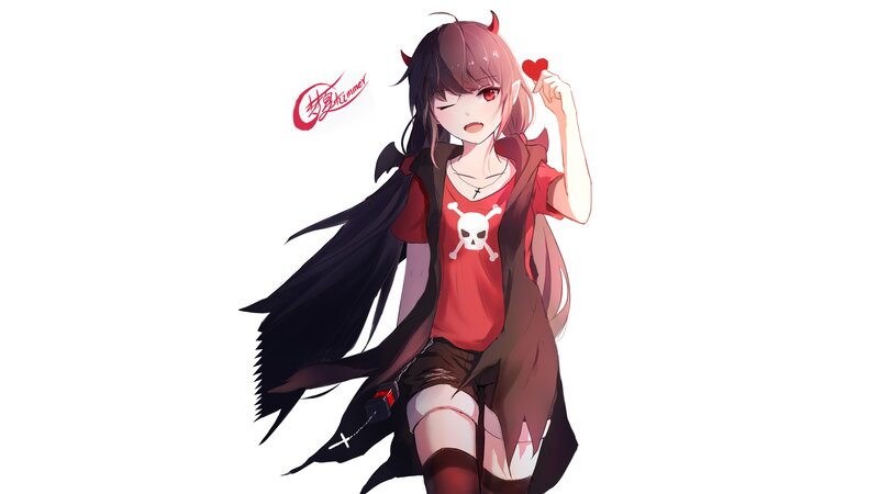 Anime Girl with Horns — Red, Playful, Digital Art, Heart