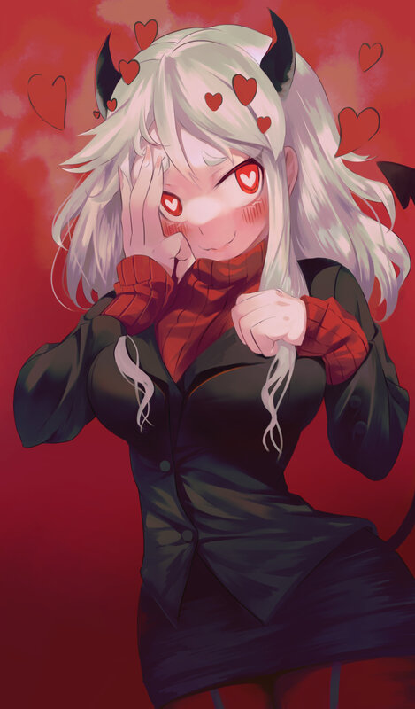 Anime Girl with Horns — Red, Playful, Digital Art, Hearts