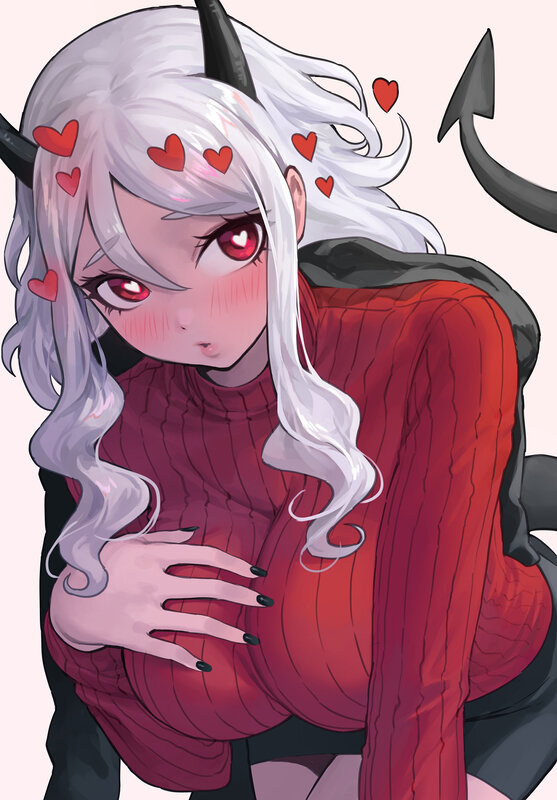 Anime Girl with Horns — Red, Playful, Digital Art, Tail, Heart