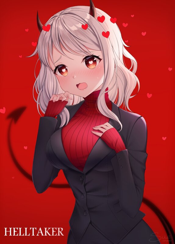 Anime Girl with Horns — Red, Playful, Digital Art, Tail, Hearts