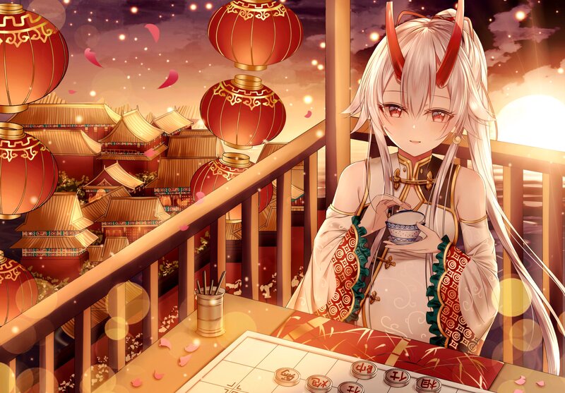 Anime Girl with Horns — Red, Serene