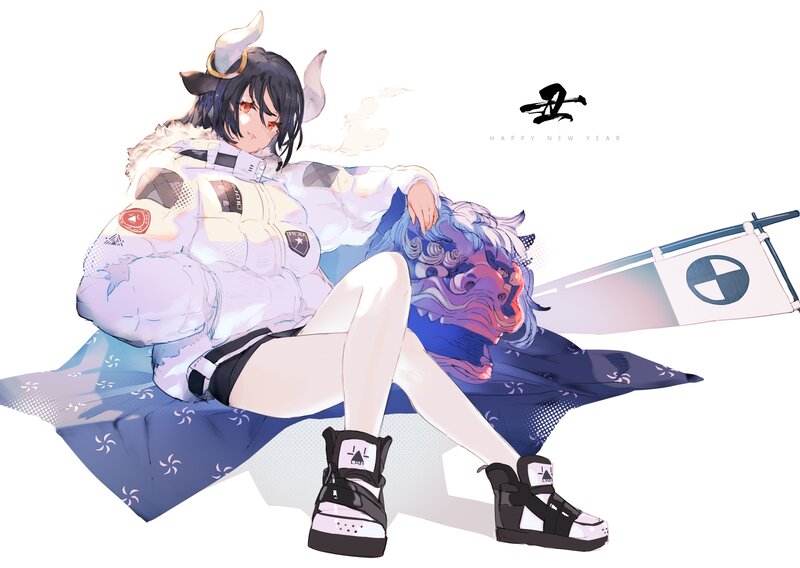 Anime Girl with Horns — White, Calm, Digital Art, Lion Mask