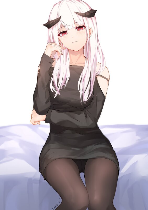 Anime Girl with Horns — White, Calm, Digital Art, Tights