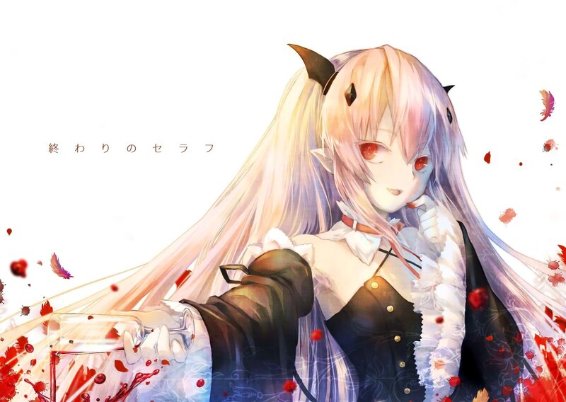 Anime Girl with Horns — White, Dramatic, Digital Art, Feathers