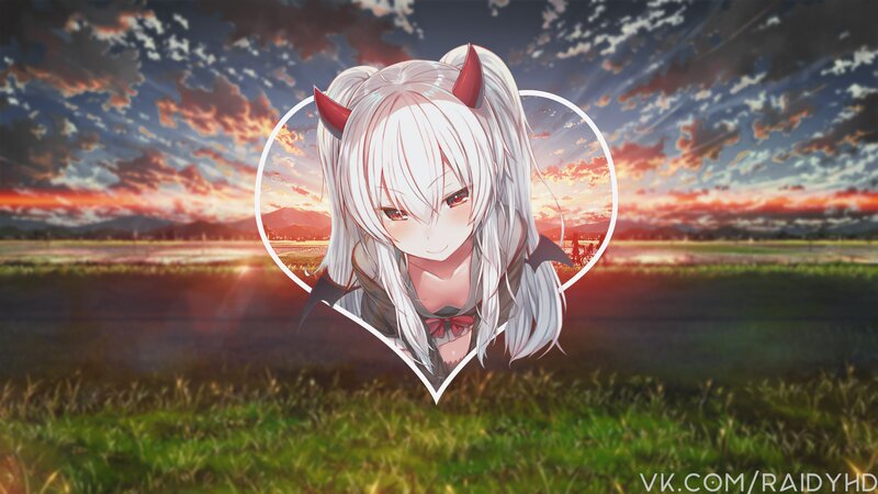 Anime Girl with Horns — White, Dramatic, Sunset, Digital Art