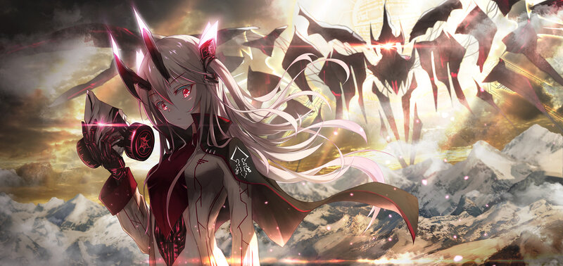 Anime Girl with Horns — White, Dramatic, Sunset