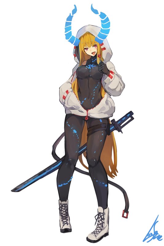 Anime Girl with Horns — White, Playful, Digital Art, Swords