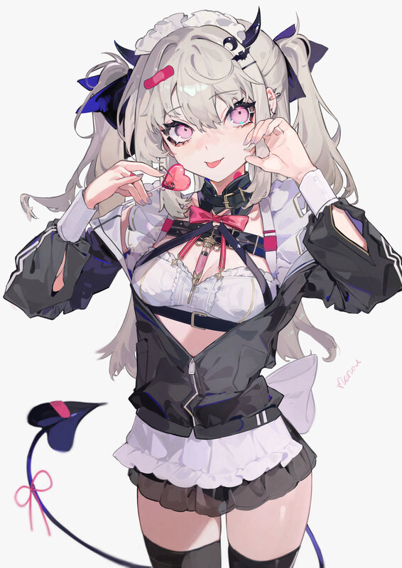 Anime Girl with Horns — White, Playful, Digital Art, Tail, Lollipop