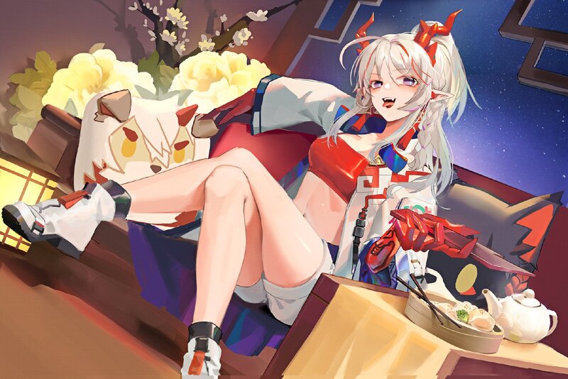 Anime Girl with Horns — White, Relaxed