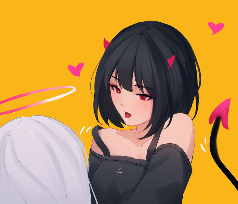 Anime Girl with Horns — Yellow, Playful, Digital Art, Hearts