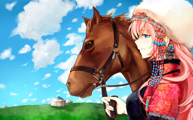Anime Girl with Horse — Blue