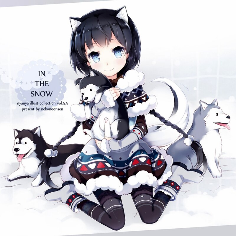 Anime girl with huskies in snow