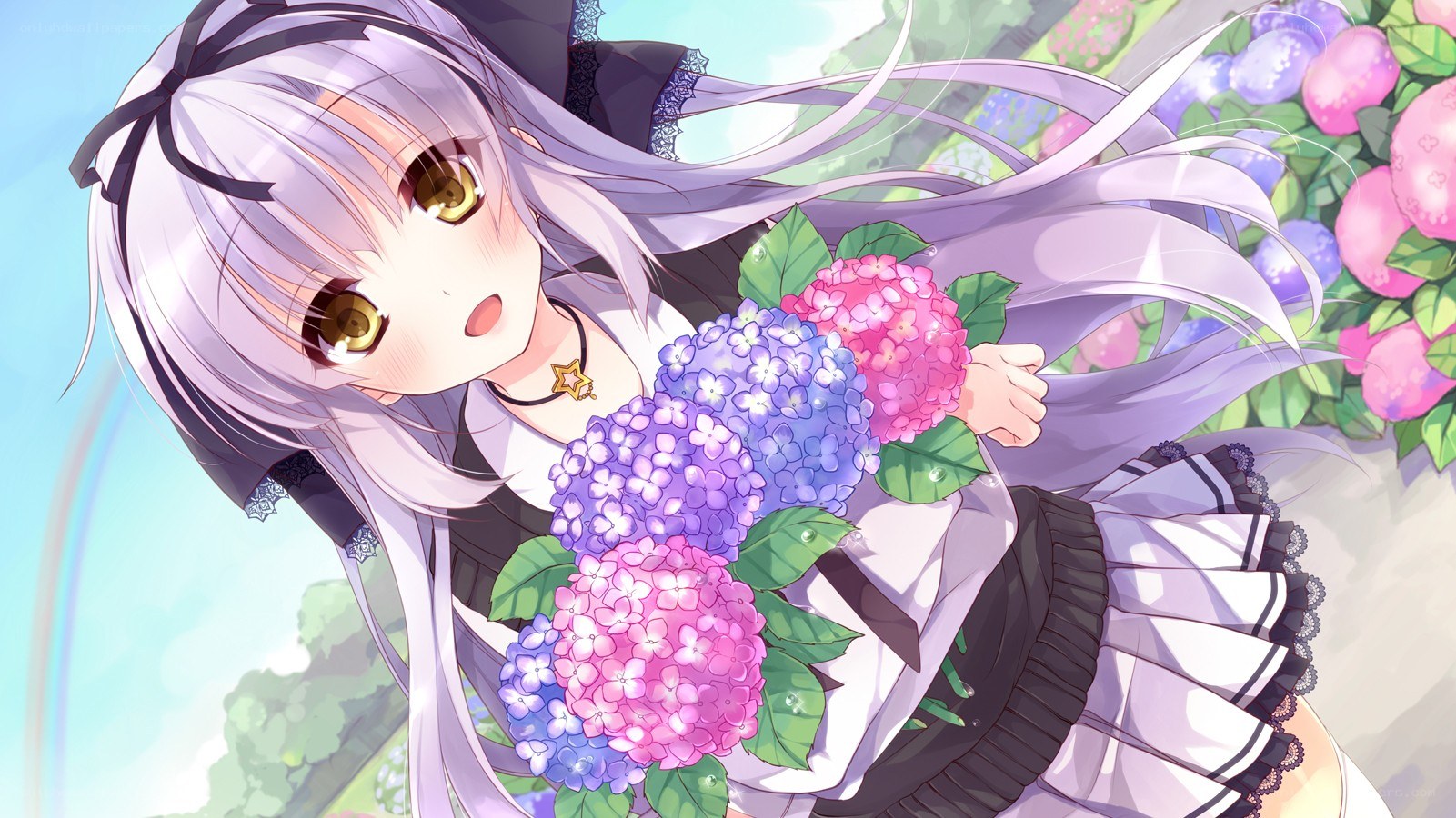 anime girl with hydrangeas