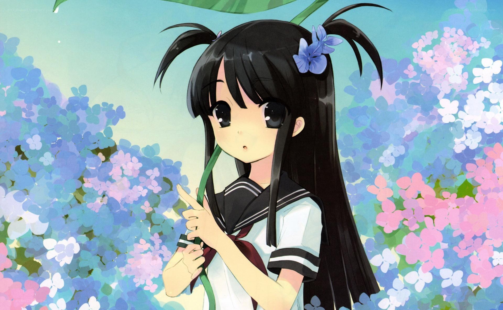anime girl with hydrangeas