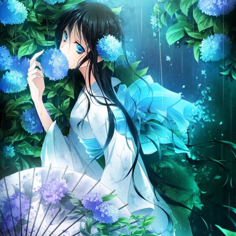 Anime Girl with Hydrangeas — Blue, Serene, Night