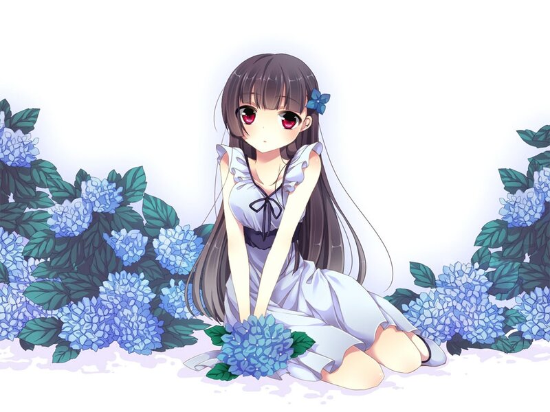 Anime Girl with Hydrangeas — Blue, Serene