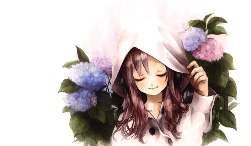 Anime Girl with Hydrangeas — White